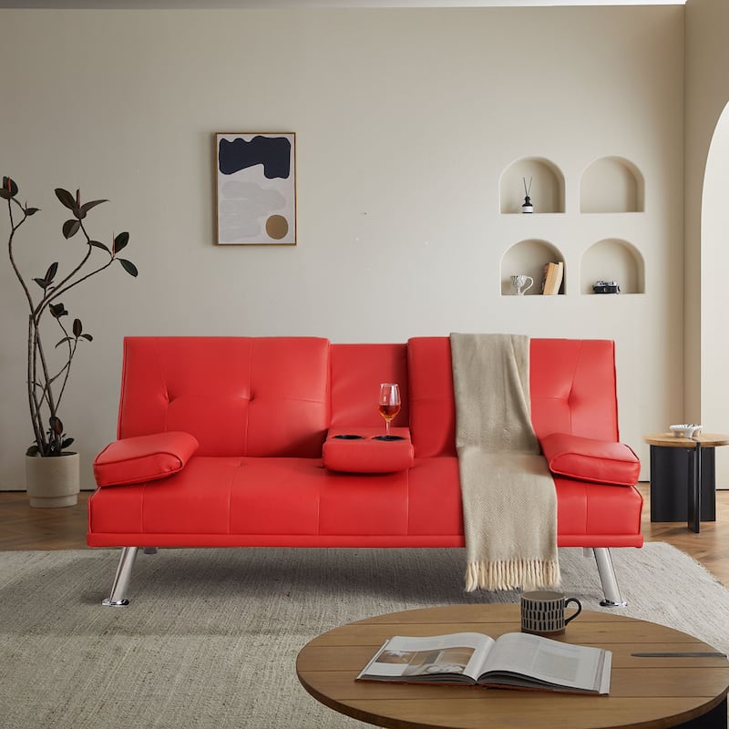 Classic PVC Leather Upholstered Convertible Futo Sofa Bed with Cup Holders - Red