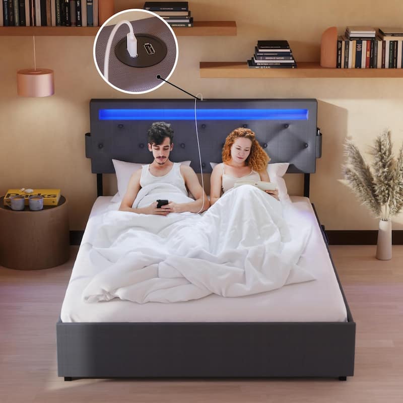 Queen Bed Frame with USB Charging Station & LED Lights, Queen Bed Frame with Headboard & 4 Storage Drawers