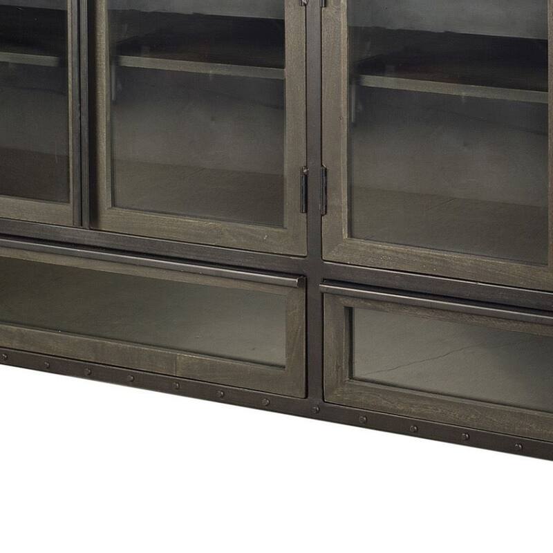 HomeRoots 62" Dark Brown Iron Two Drawer Sideboard with Four Glass Doors - 16.5' X '33.3' X '62.3
