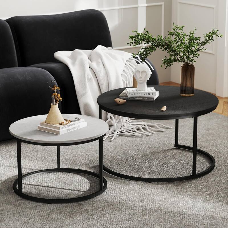 Modern Wooden Waterproof Round Nesting Coffee Table Set of 2 - Black/White