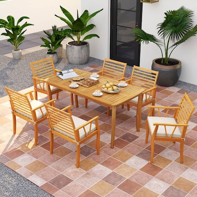 Costway 7 PCS Patio Dining Set Acacia Wood Table and Chairs Set with - See Details