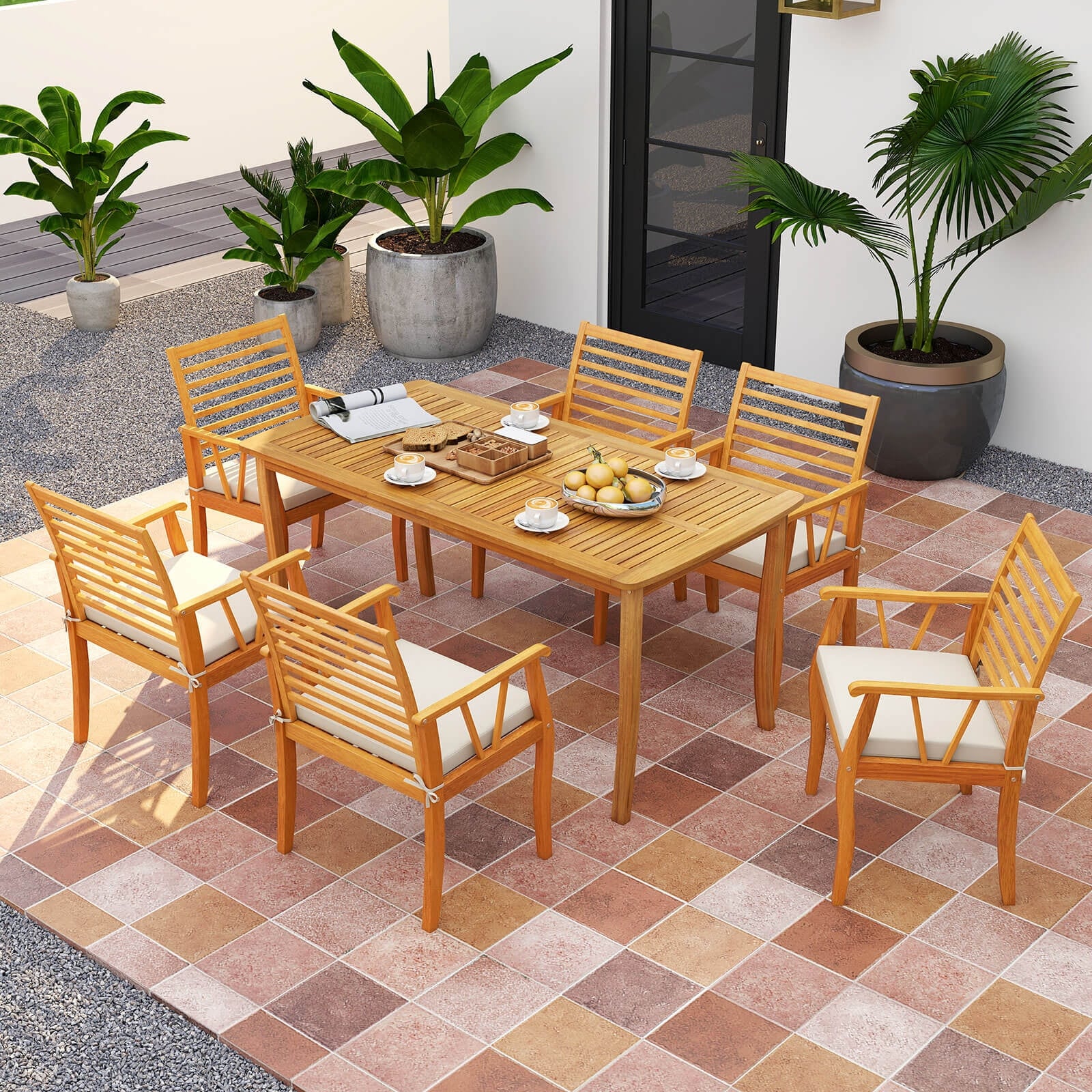 Costway 7 PCS Patio Dining Set Acacia Wood Table and Chairs Set with - See Details