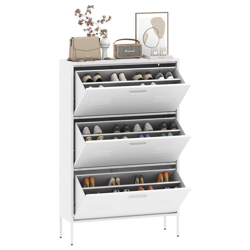 Shoe Cabinet with 3 Flip Drawers, Hidden Slim Steel Shoe Storage Cabinet, Narrow Shoe Rack Cabinet with Metal Legs
