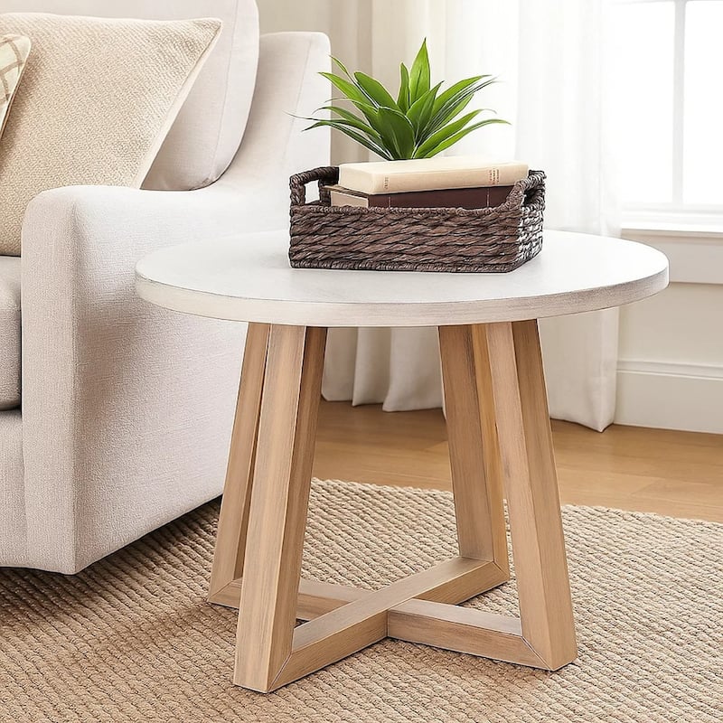 Dilly Side End Table, Cross Pedestal Base, Light Gray, 28 Inch Solid Wood