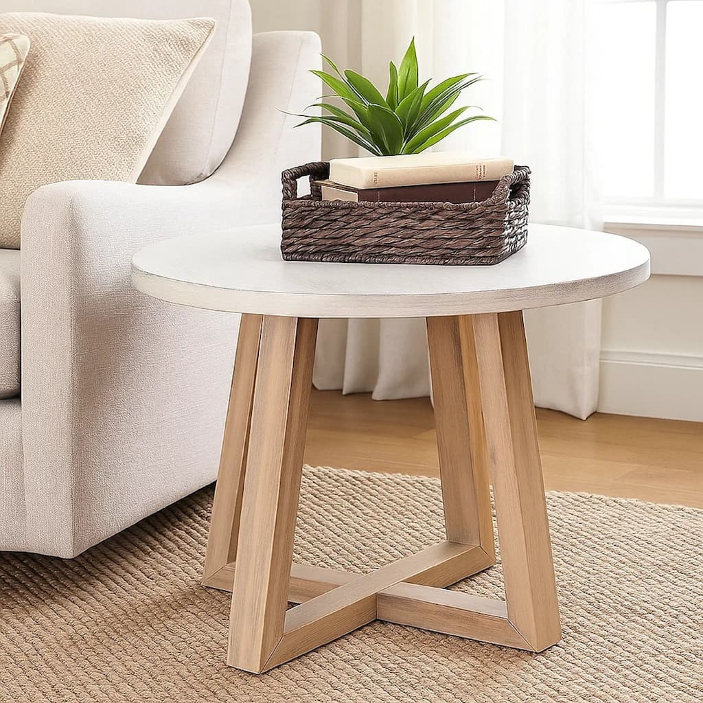 Dilly Side End Table, Cross Pedestal Base, Light Gray, 28 Inch Solid Wood