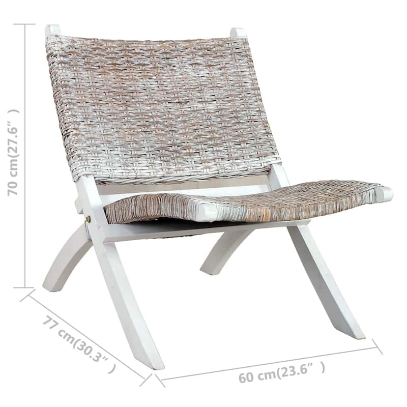 vidaXL Relaxing Chair White Natural Kubu Rattan and Solid Mahogany Wood - 23.6" x 30.3" x 27.6"