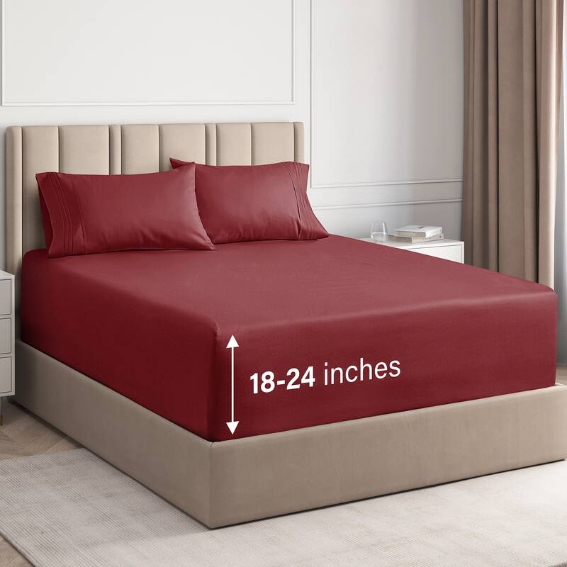 CGK Linens 4 Piece Solid Microfiber Extra Deep Pocket Bed Sheet Set - King - Burgundy
