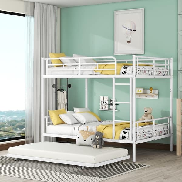 slide 2 of 17, Industrial Modern Full over Full Metal Bunk Bed with Trundle, Save Space or Split Into 2 Beds, Crafted For Safety, White White