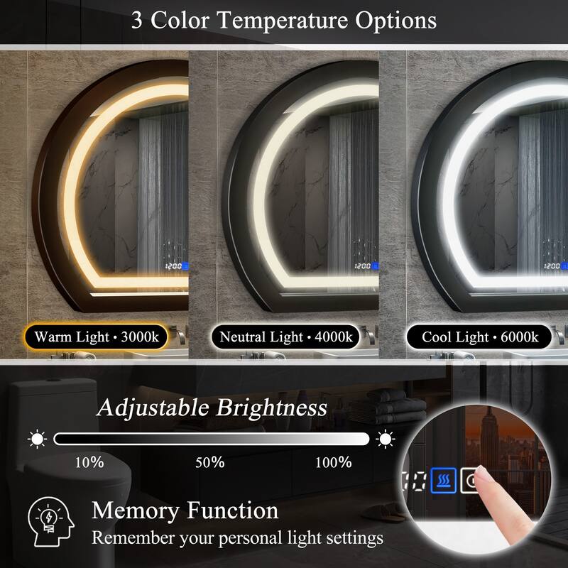 Arched Black Framed LED light Anti-fog 3 Colors Dimmable Wall Mirror - 27.6x23.6