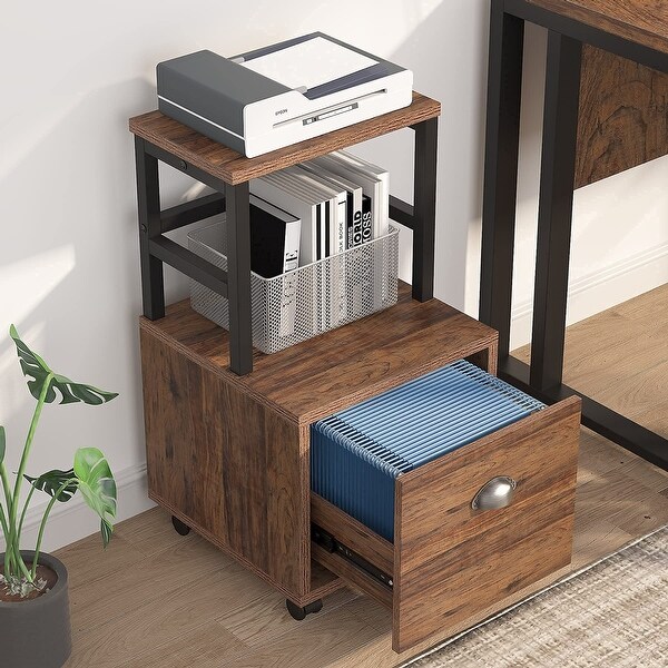Rolling File Cabinet, Mobile Office Cabinet on Wheels, Printer Stand with Drawer, for A4, Letter Size, Hanging File Folders. Opens flyout.