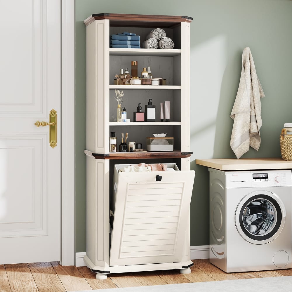 Moasis Farmhouse 4-Tier Storage Cabinet with Tilt Out Laundry Hamper and 2 Adjustable Shelves