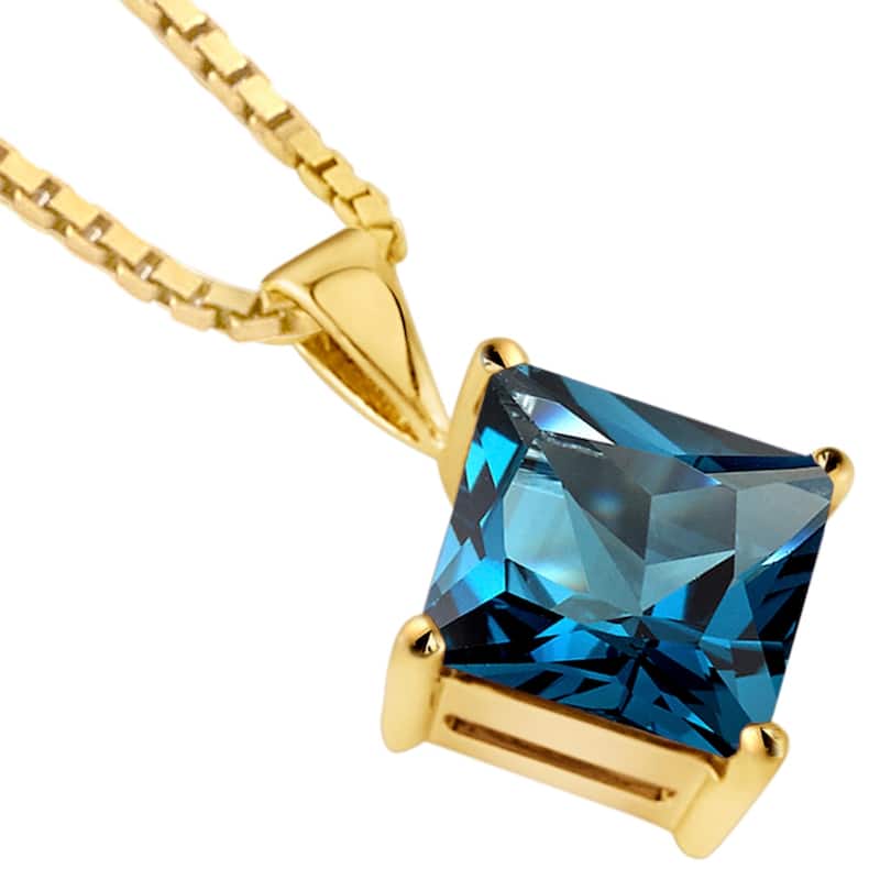 14k Yellow Gold Princess Cut 3.00 cts London Blue Topaz Pendant