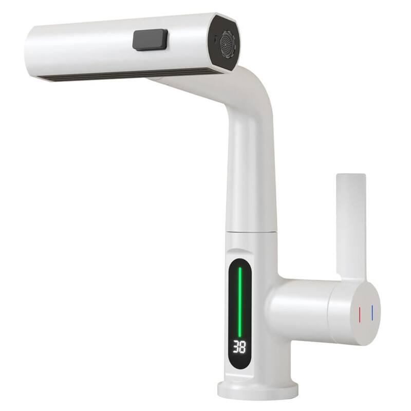 Single Handle LED Bathroom Faucet with Pull-Out Lift Waterfall Smart Temperature Digital Display Bathroom Sink Faucet White - White