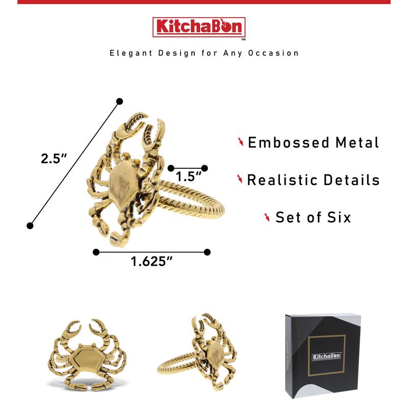 KitchaBon Crab Gold Napkin Rings for Table Decor - Set of 6 - 2 x 1.8 x 1.68 inches