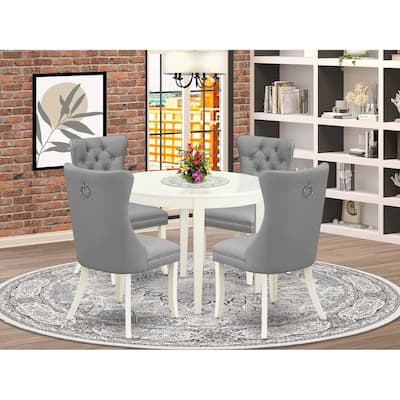 5-Piece Linen White Solid Wood Top - Round Upholstered Dining Room Set - Seats 4
