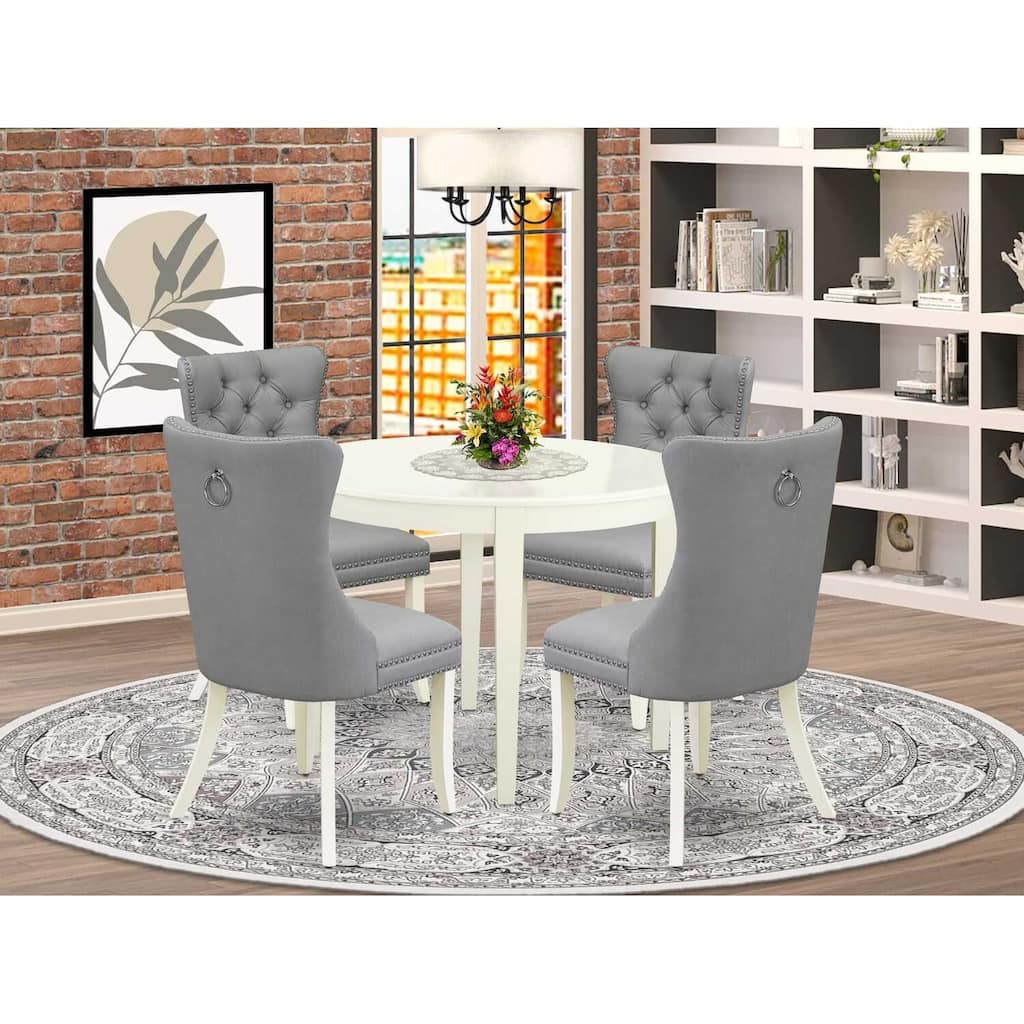 5-Piece Linen White Solid Wood Top - Round Upholstered Dining Room Set - Seats 4