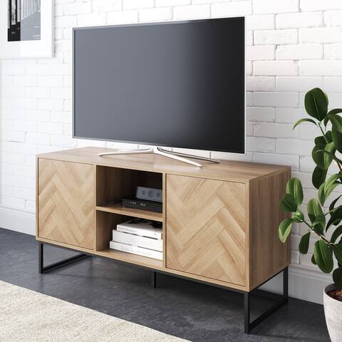 Nathan James Dylan Media Console Cabinet TV Stand with Hidden Storage Herringbone Pattern Wood Metal - 47 inches in width