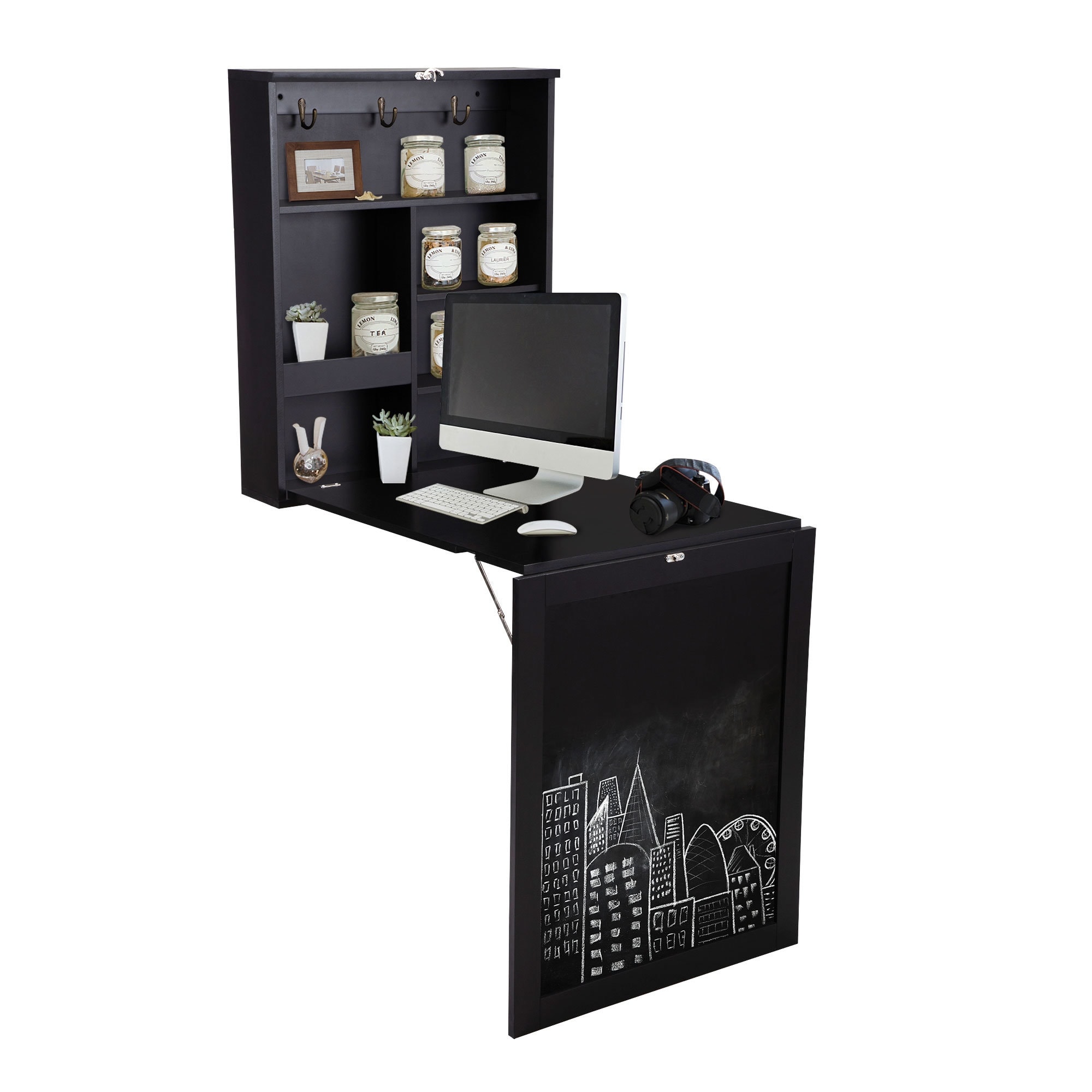 Foldable Wall mounted Computer Desk Laptop Table Storage Shelves