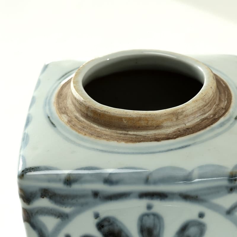 Approx.8 Inches Subtle Blue and White Square Jar with Floral Motif