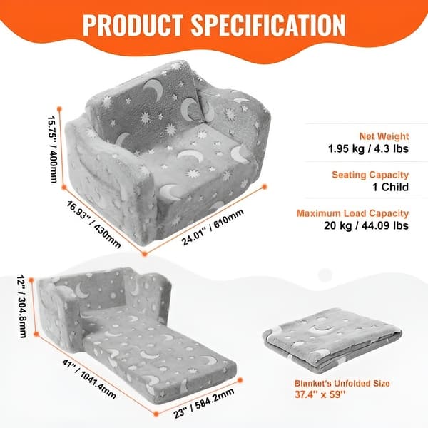 dimension image slide 0 of 2, Grey Fleece Glow Foldable Kids Sofa Chair with 25D Foam and Blanket - 24.01“L x 16.93” W x 15.75” H