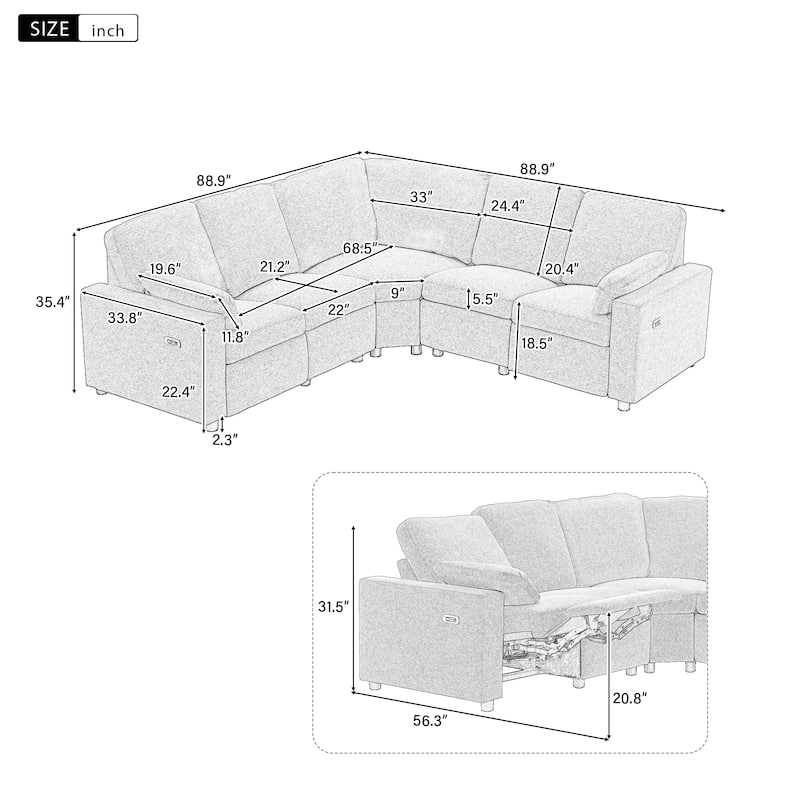 88.9" Linen Power Recliner Sectional 5-Seat Sofa with USB Ports and Storage Drawers