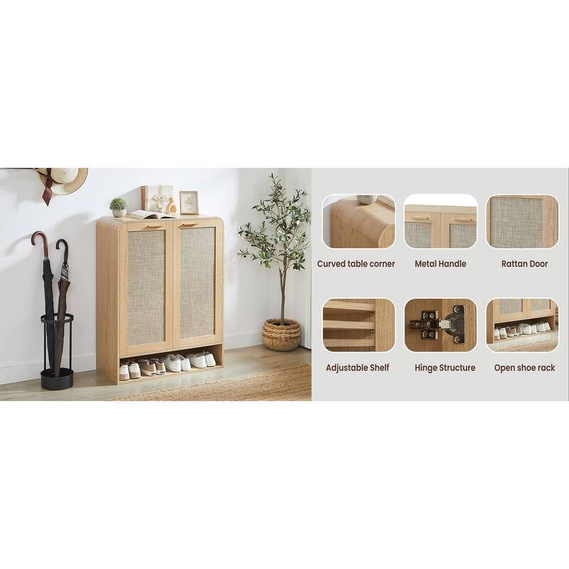 Rattan Shoe Cabinet with Doors & Open Bottom Shelf, Shoe Storage Cabinet with Adjustable Shelves, Wooden Shoes Rack Organizer