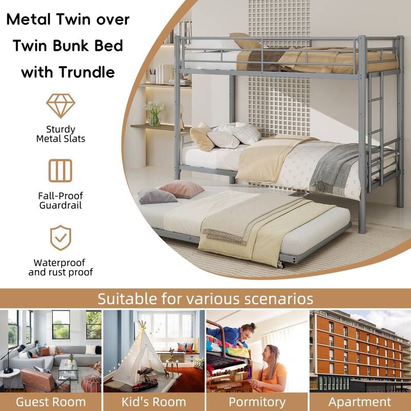 GDFStudio - Heavy-Duty Metal Twin over Twin Bunk Bed with Guardrail