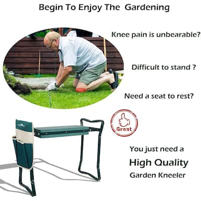 Outdoor 2-in-1 Garden Stool and Kneeler, Garden Bench with Tool Bags, Kneeling Pad, Gift for Parent, Portable, Green