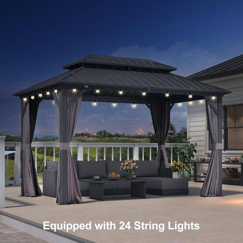 PURPLE LEAF Gazebo Grey Outdoor with Dual-Layer Galvanized Steel Double Roof Aluminum Gazebo with Netting and Curtains