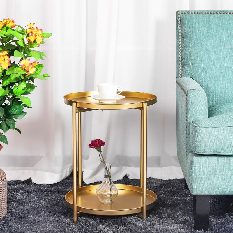 Adeco Side Table 2-Tier Metal Round End Table with Removable Tray - 17.5""(D)x 17.5""(W)x 20.7""(H)