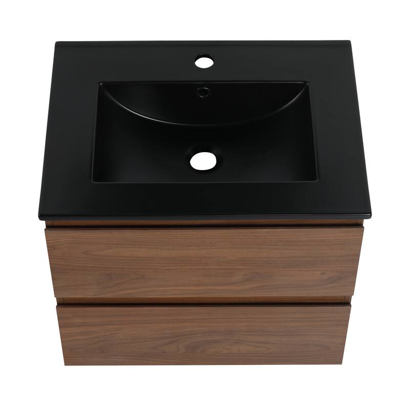 Modern 24" Floating Bathroom Vanity with Black Ceramic Basin, Soft-Close Drawers, Water-Resistant Melamine Surface