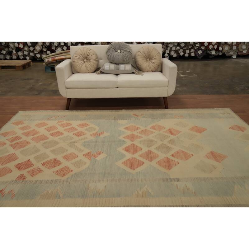 Hand Woven Oriental 100% Wool Carpet Southwestern Tribal Beige & Ivories Kilim Area Rug - 9' 7'' X 6' 10''