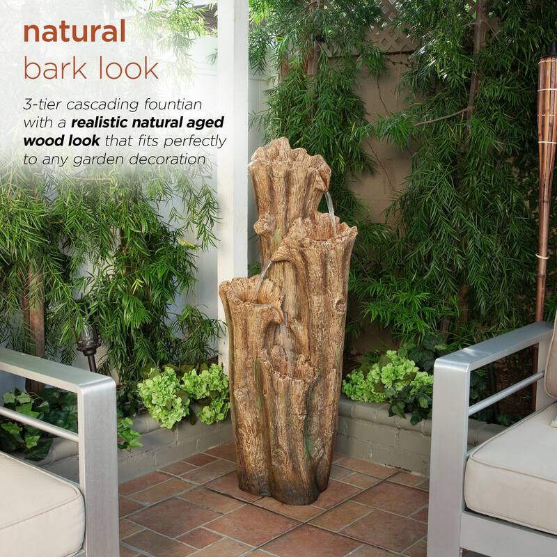 Alpine Corporation 47" Tall Outdoor 3-Tier Cascading Tree Bark Water Fountain with LED Lights