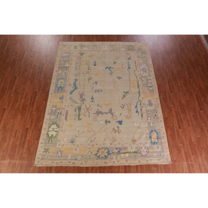 Hand Knotted Oriental 100% Wool Carpet Transitional All-Over Beige & Ivories Oushak Area Rug - 12' 3'' X 9' 4''