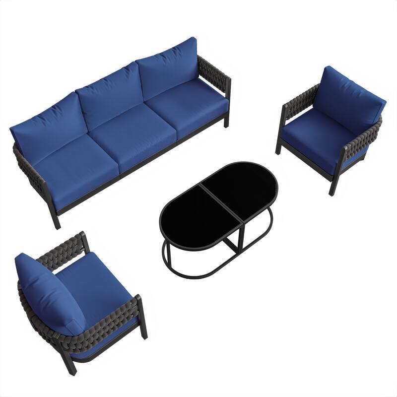 Kullavik 5-piece Aluminlum Frame Woven Rope Patio Sofa with Glass Table and Cushions