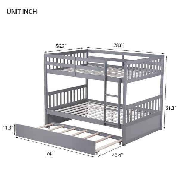 dimension image slide 2 of 3, Rustic Style Full over Full Wood Bunk Bed with Guardrails and Ladder and Twin Size Trundle