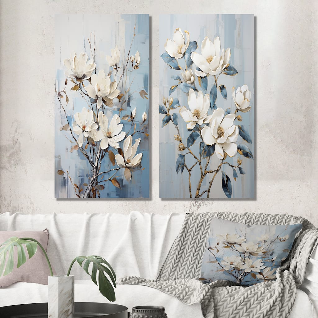 Designart "Minimalism White And Blue Magnolias Florescence" Magnolias Canvas Set Of 2 - Traditional Wall Art 2 Pieces