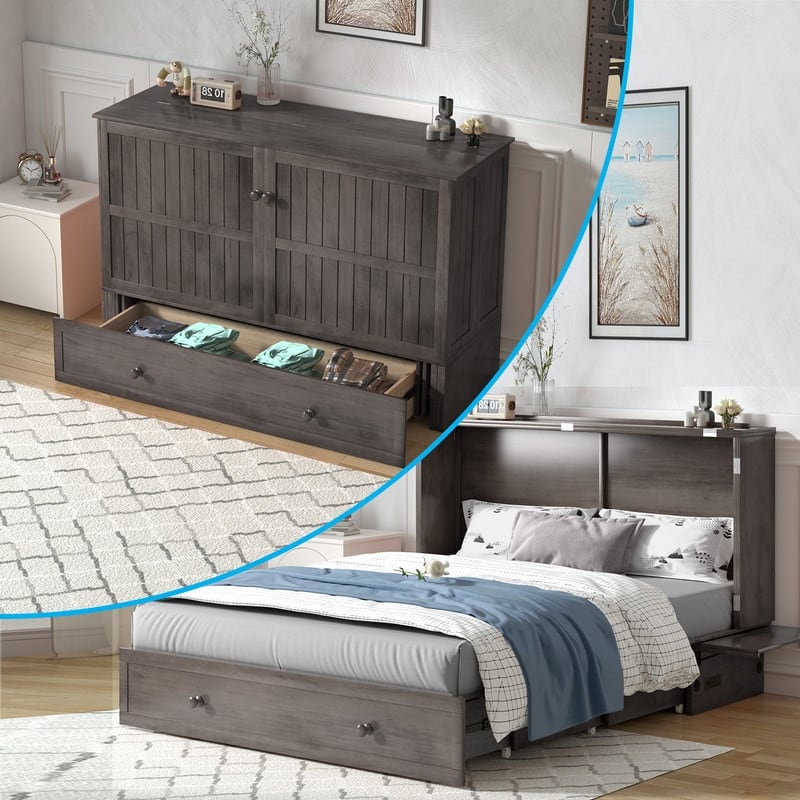 Mixoy Queen Murphy Bed Cabinet with Matress and Built-in Charger