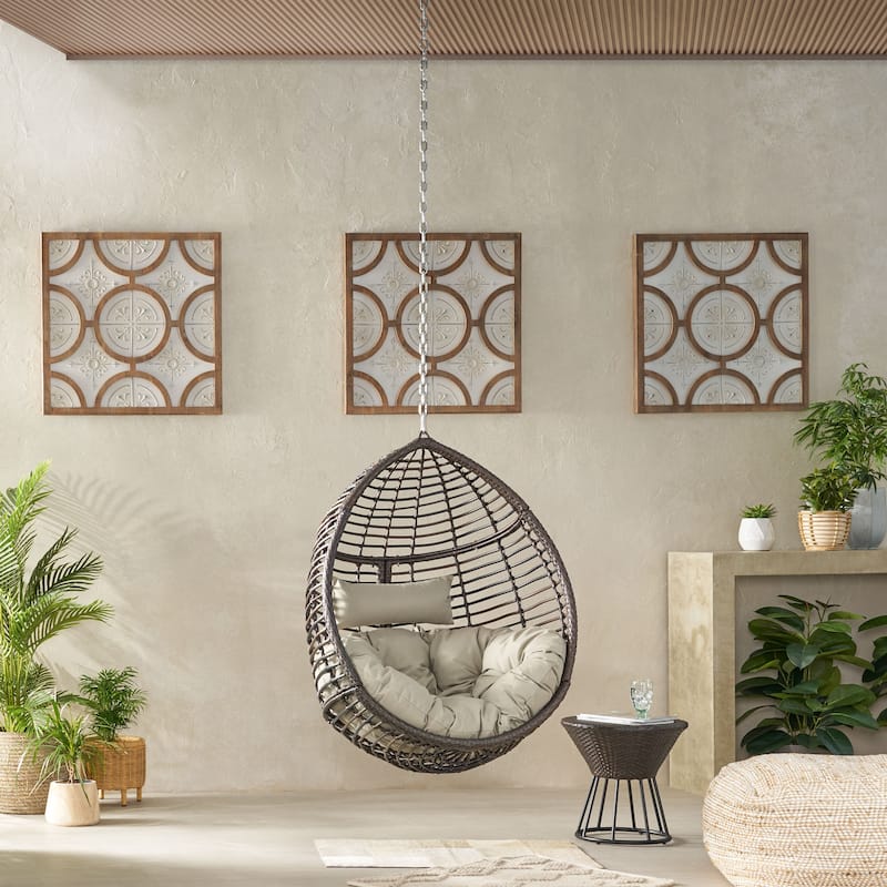 Rattan Egg Chair Teardrop Hanging Basket Chair with Water-Resistant Tufted Cushion & Suspension Chain Wicker Swing Chair