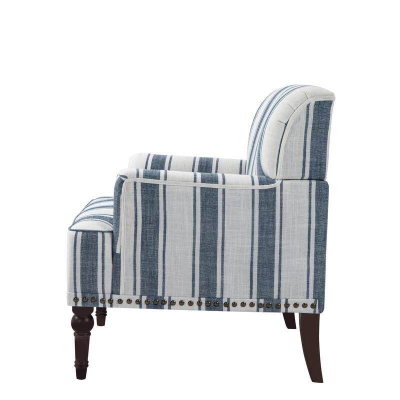 Striped Upholstered Linen Armchair with Brass Nailhead Trim