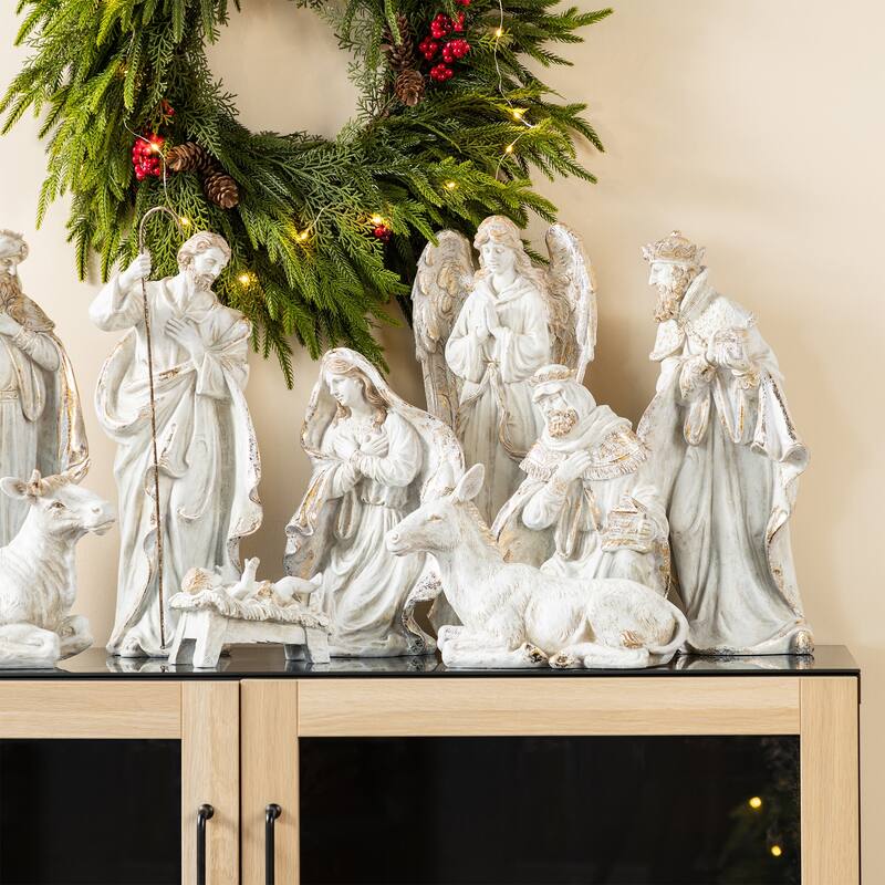 Glitzhome 10pcs 18.5"H Bronze/Ivory Resin Nativity Figurine Set