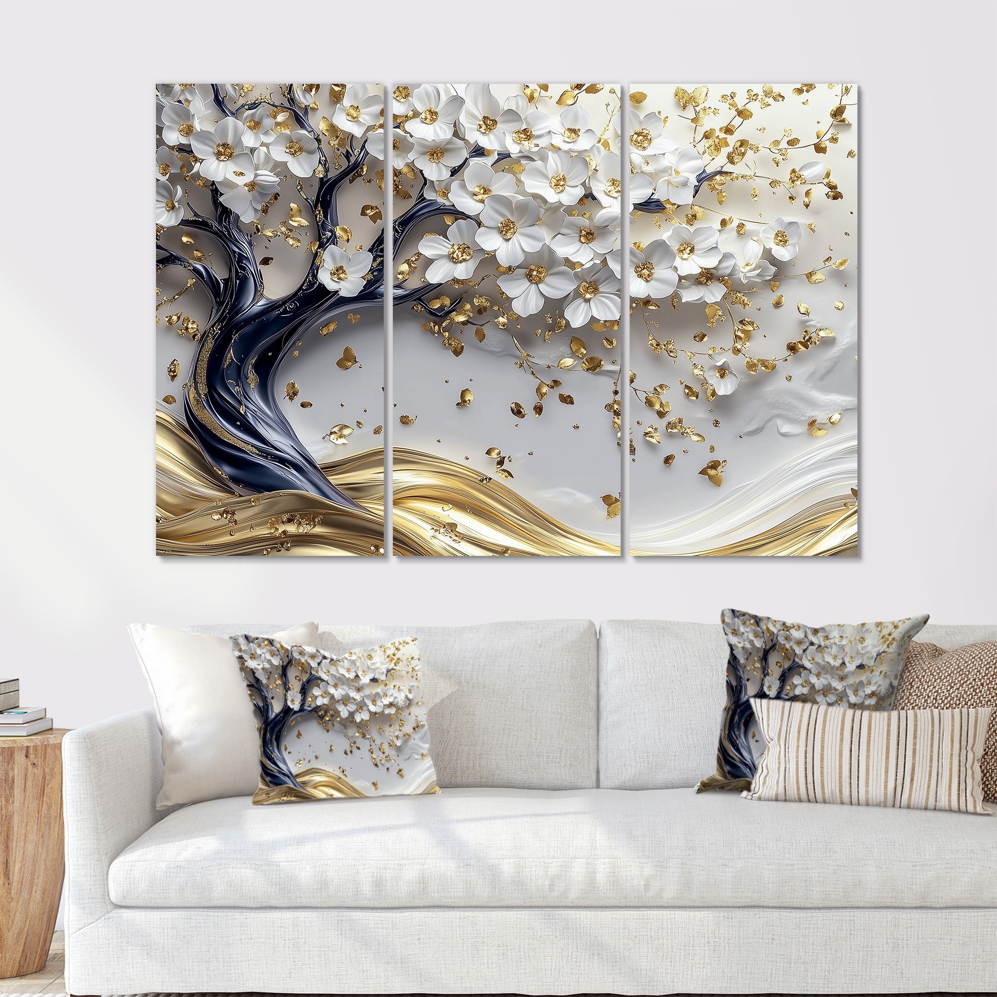 Designart "White And Blue Cherry Blossom Garden Of Branches II" Cherry Blossom - Traditional Metal Wall Art 3 Pieces