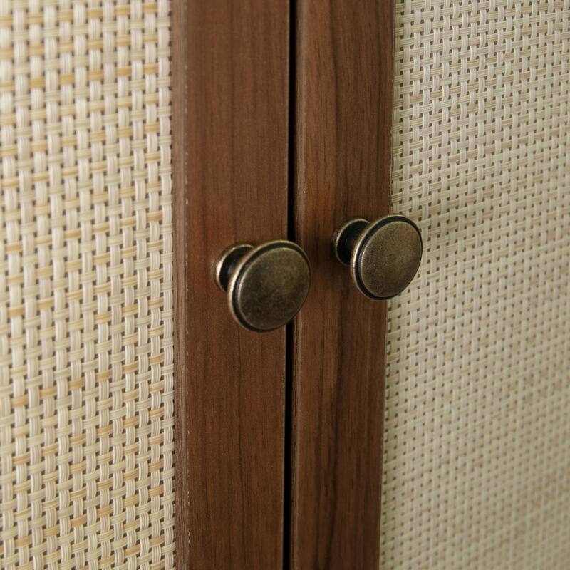 4 Door Storage Cabinet with Drawer, Adjustable Shelves Rattan Accent Cabinet with Anti-Tip Design
