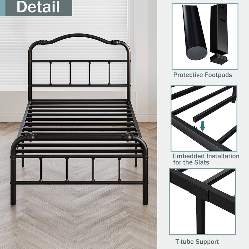 Heavy-Duty Anti-Wobble 14 Inch Bed Frame With Wavy Art Headboard, No Needed Box Spring