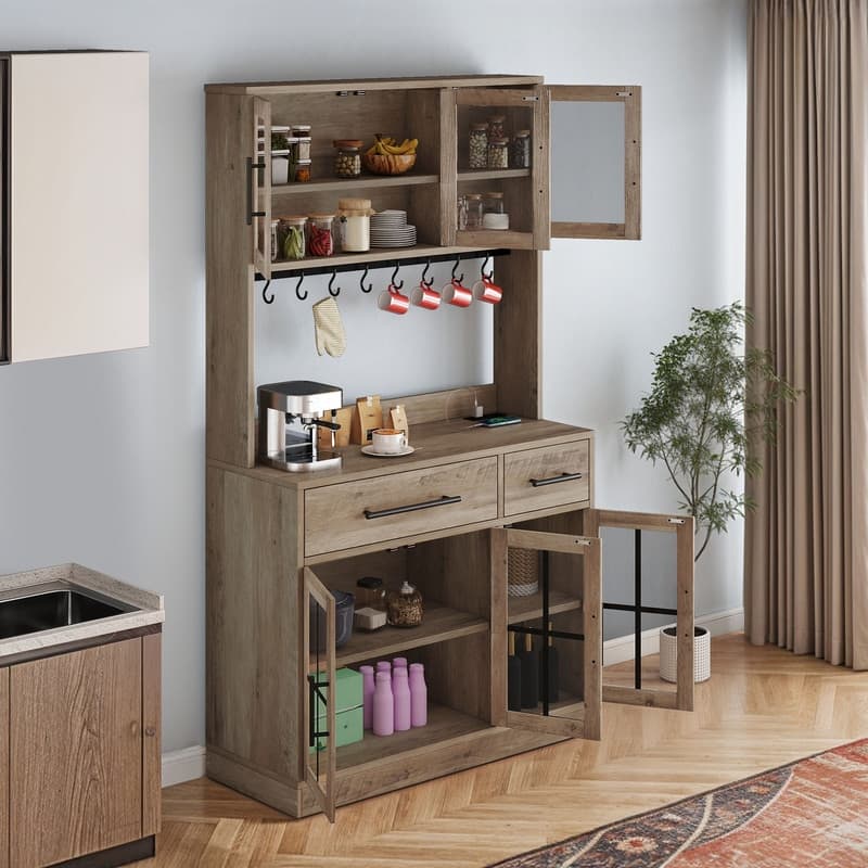 71" Tall Kitchen Pantry Hutch Storage Cabinet with Power Outlet,Freestanding Cupboard Storage Buffet with Drawers & Glass Doors