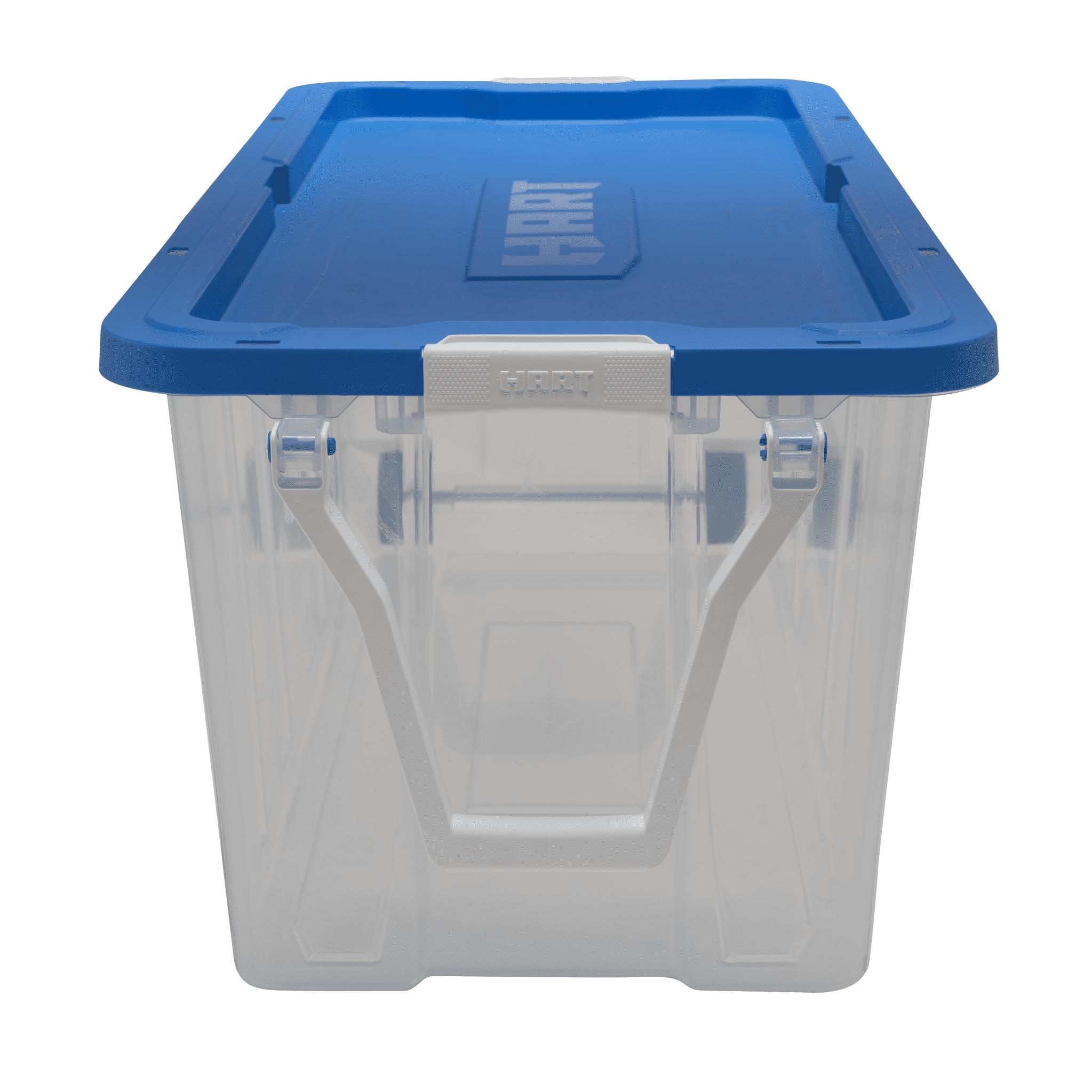 HART 40 Gallon Latching Plastic Storage Bin Container, Black with Blue Lid,  Set of 3