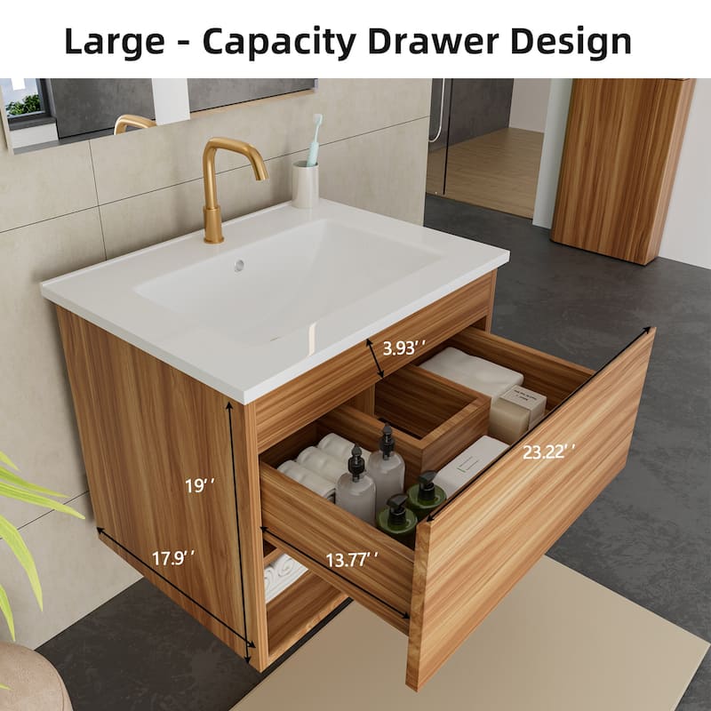 24 Inch Bathroom Vanity Cabinet With Ceramic Sink - Walnut Wall Mounted Floating Fluted Vanity With Drawers