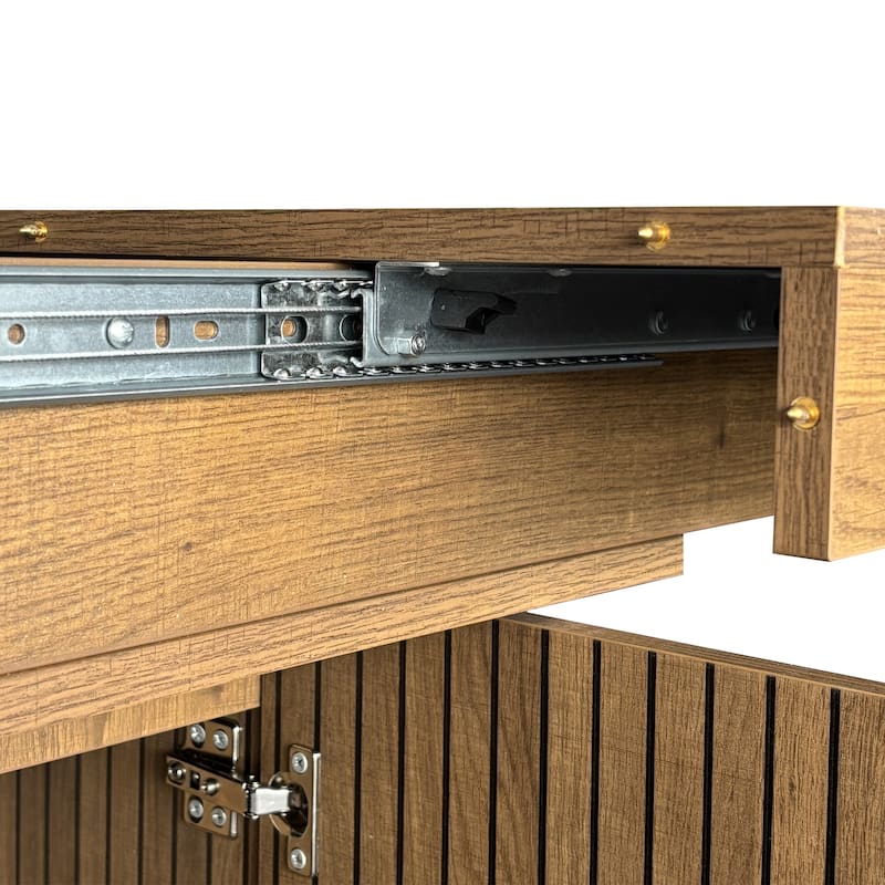 Extendable Cabinet Dining Table with Storage, Wood Kitchen Table with Striped Cabinet, Waterproof Coffee Table