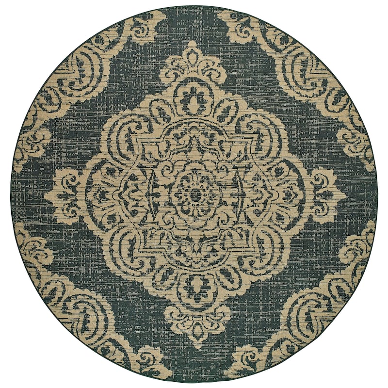 Style Haven Marianna Center Medallion Loop Pile Indoor Outdoor Rug - 7'10" Round - Black/Tan