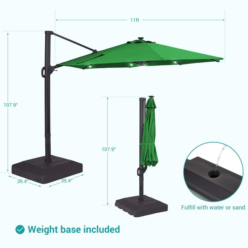 Bonosuki 11Ft Aluminum LED Cantilever Patio Umbrella with Base for Patio Deck Garden
